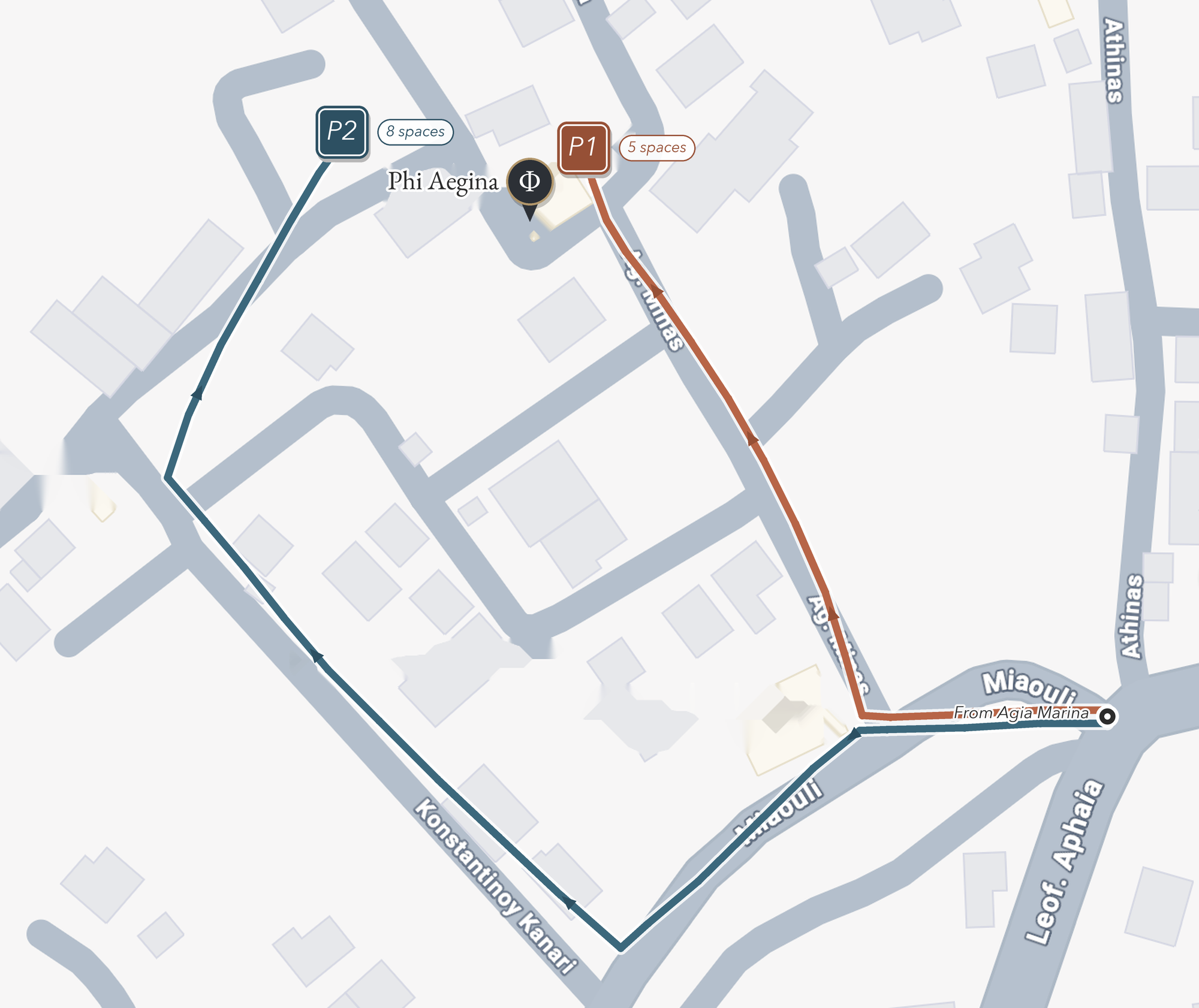 Map of the hill above Agia Marina showing Phi and its two parking areas — P1, the alley off Agiou Mina beside the hotel, and P2, the larger plot off Konstantinou Kanari — with the drive up from Miaouli marked.