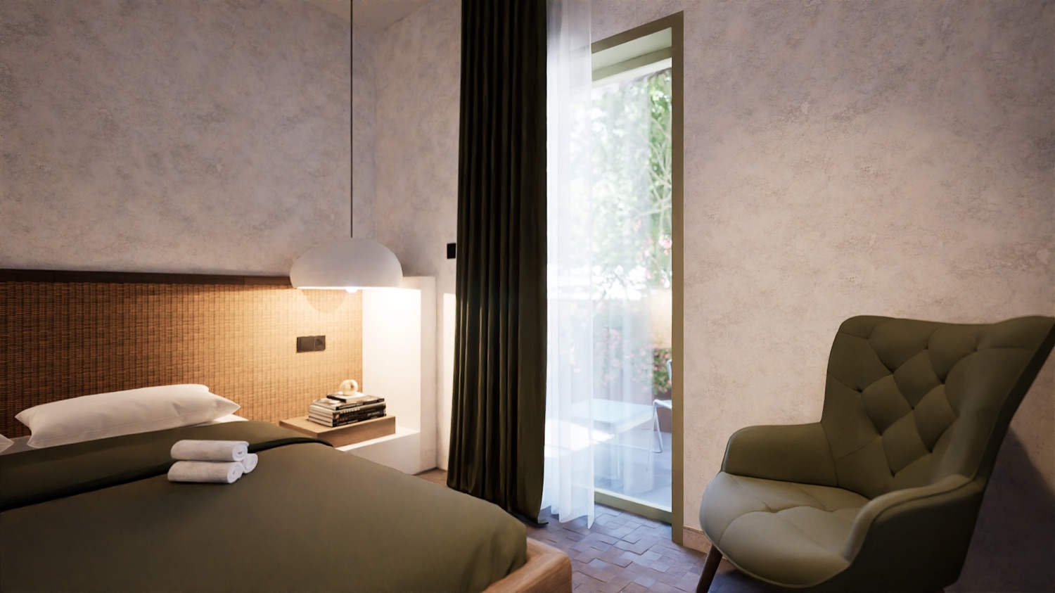 The bed — olive linen against a woven headboard