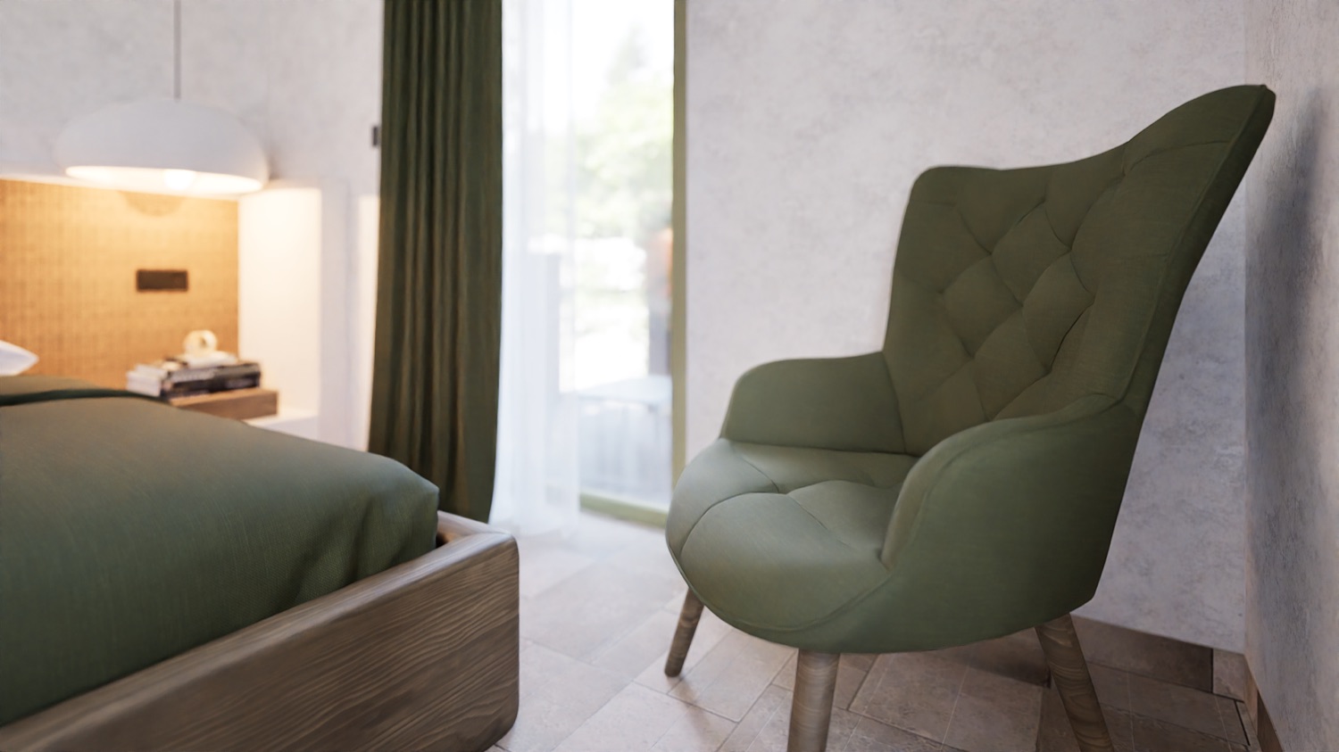 The bed — olive linen against a woven headboard