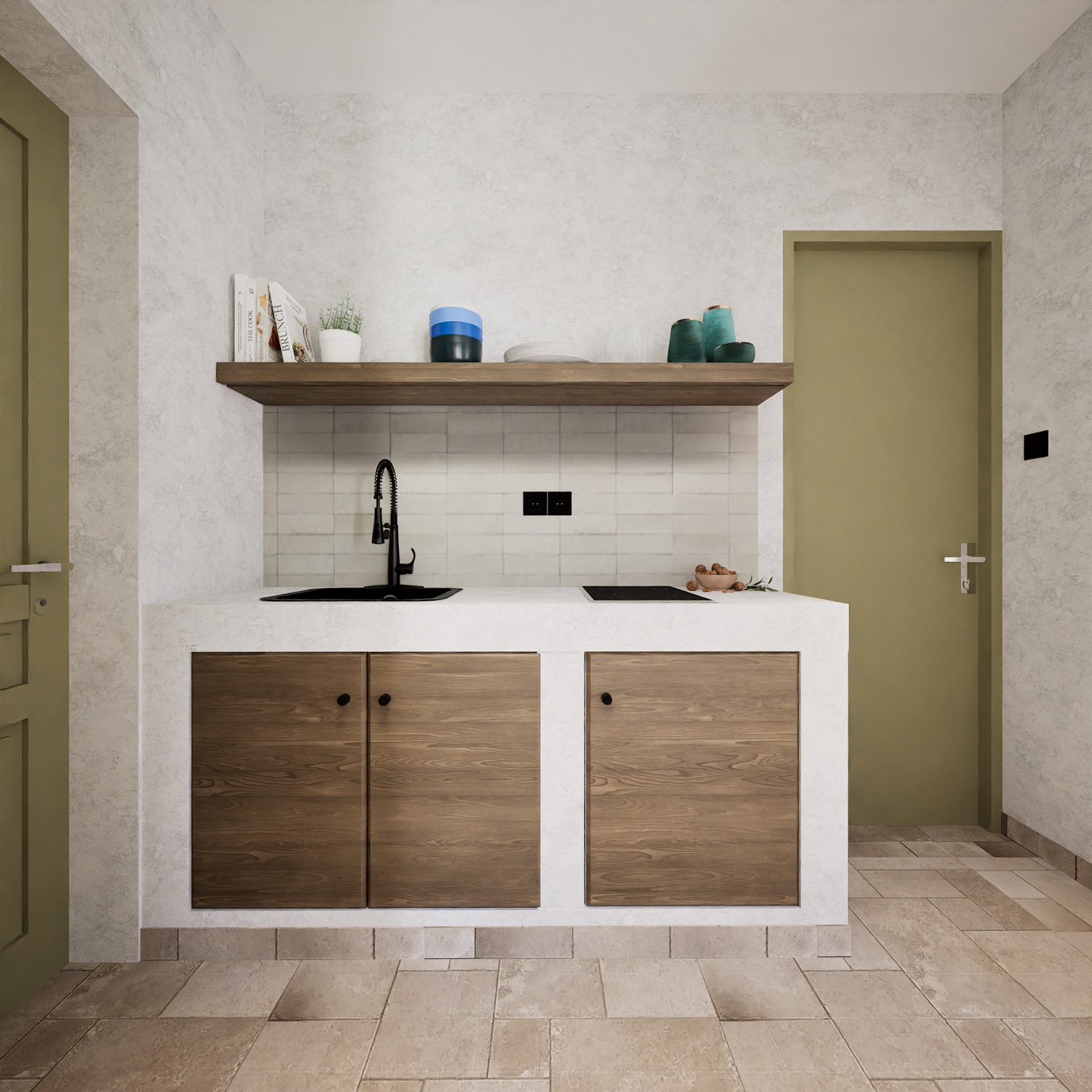 The kitchenette — induction, sink, a shelf of cups