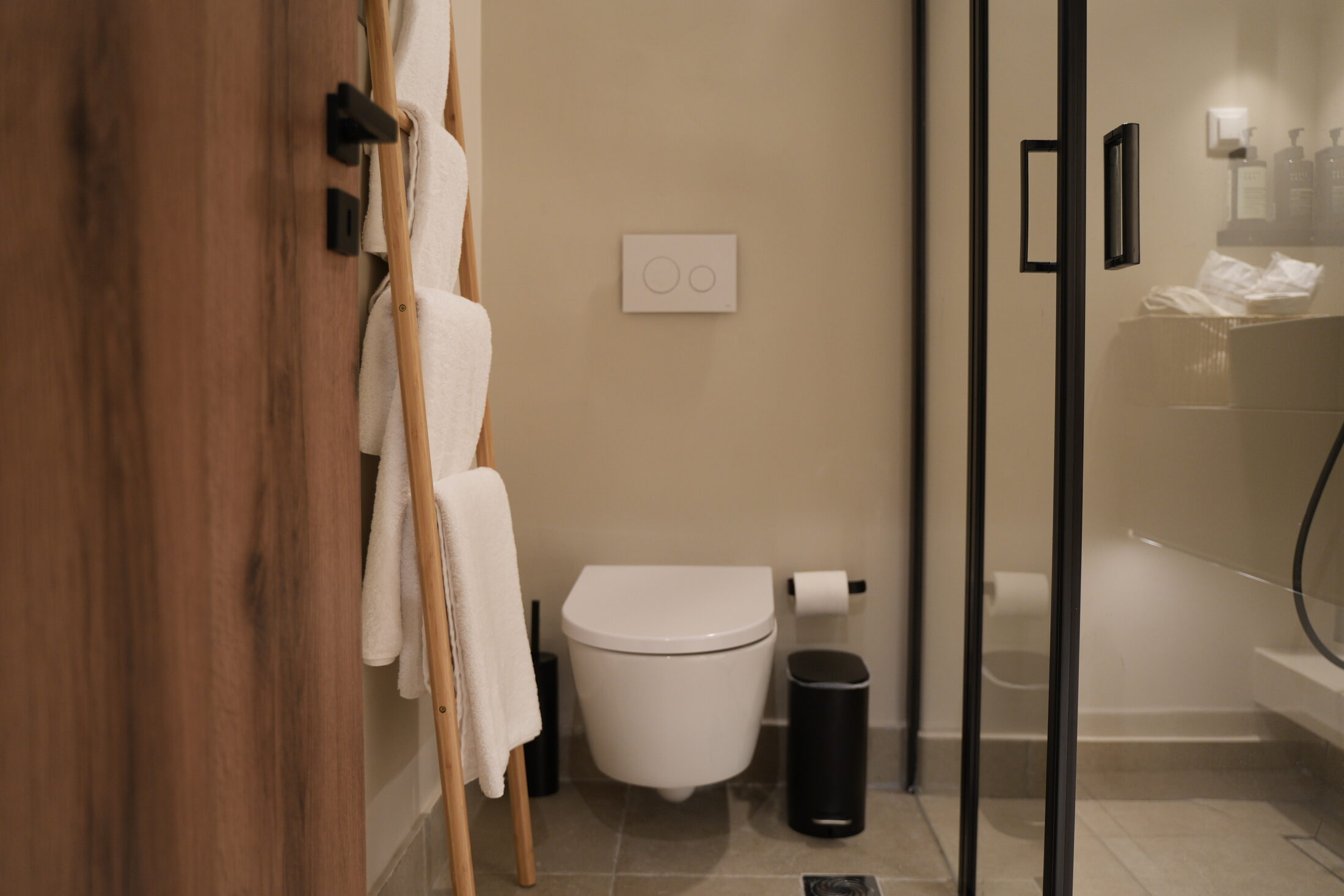 The bath — terrazzo, brass, a walk-in shower
