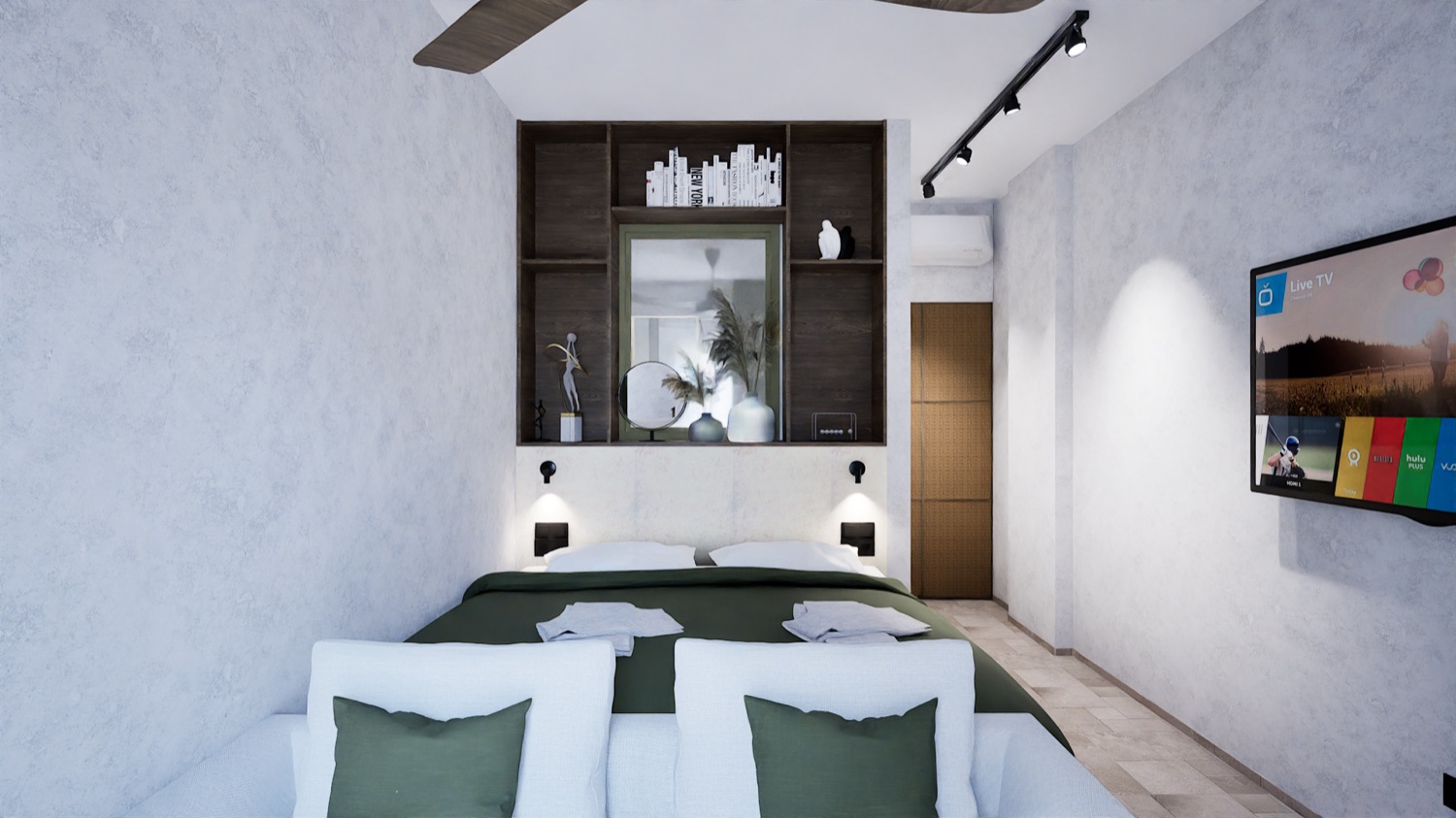 The bed — olive linen against a woven headboard