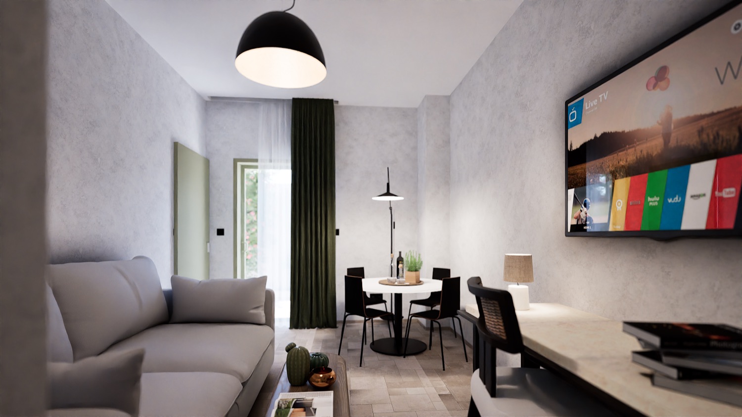 A day in the room — tall doors, bougainvillea
