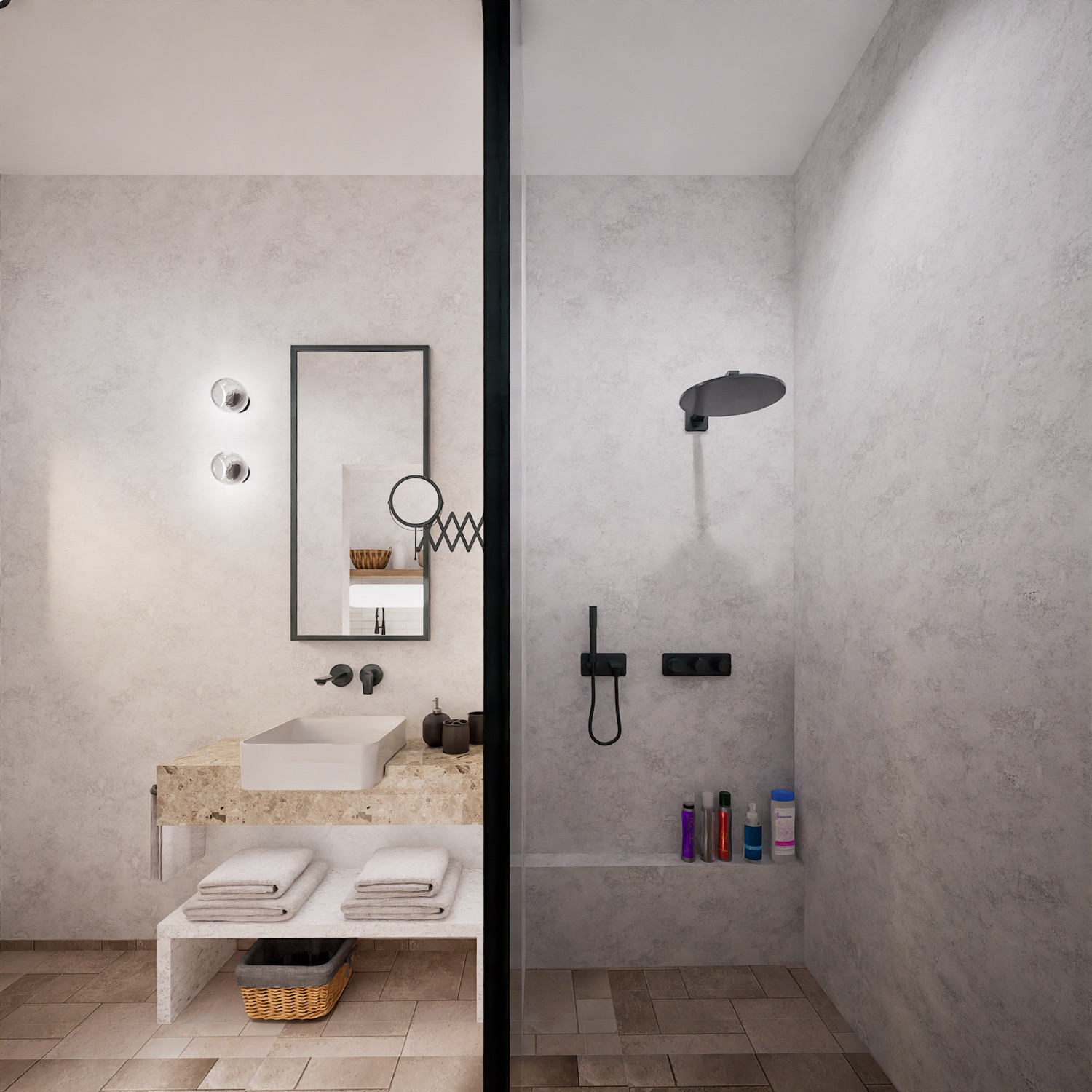 The bath — terrazzo, brass, a walk-in shower