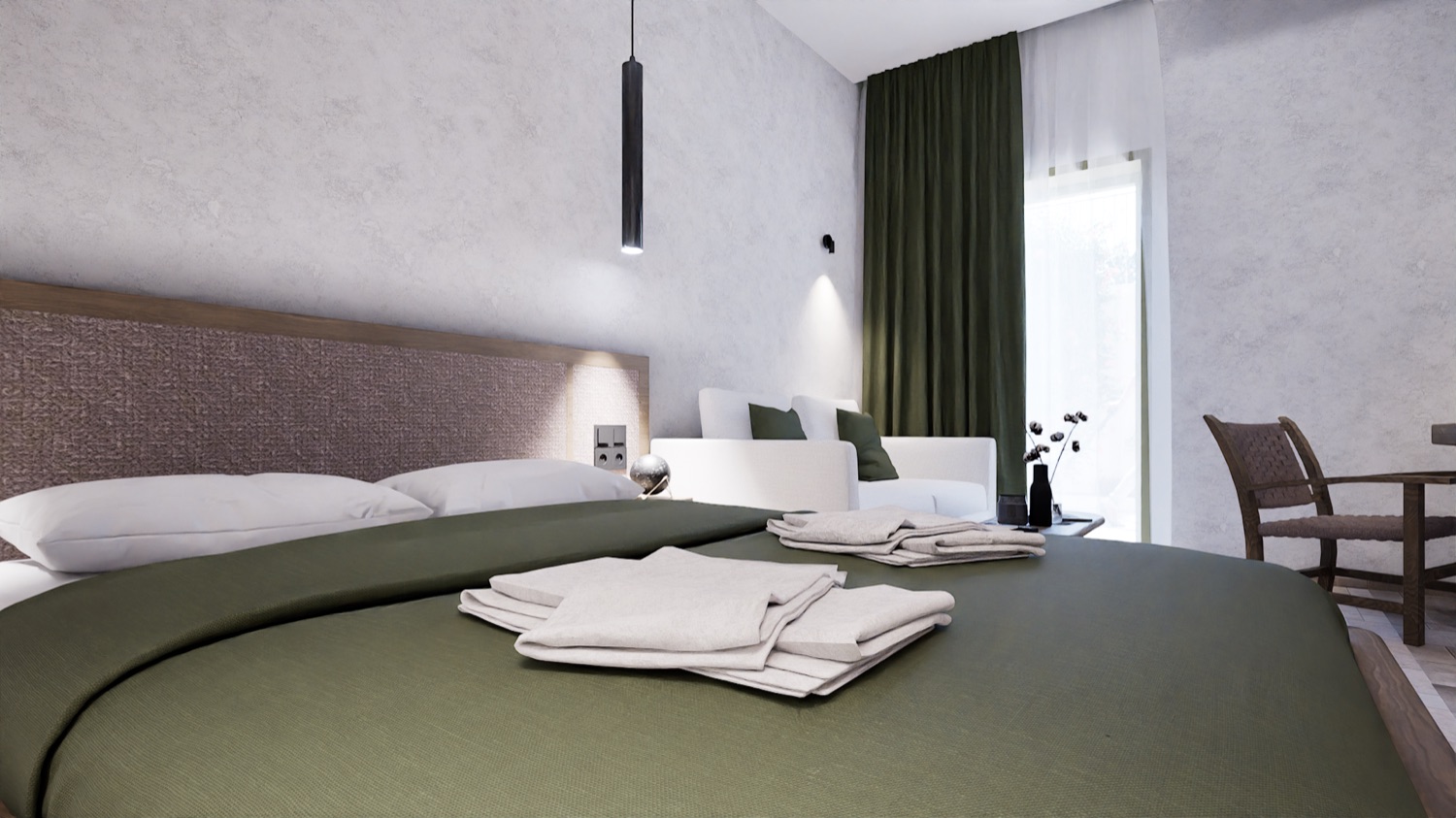 The bed — olive linen against a woven headboard