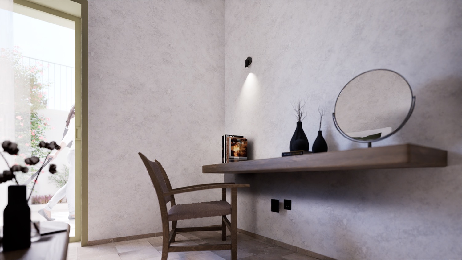 A day in the room — tall doors, bougainvillea